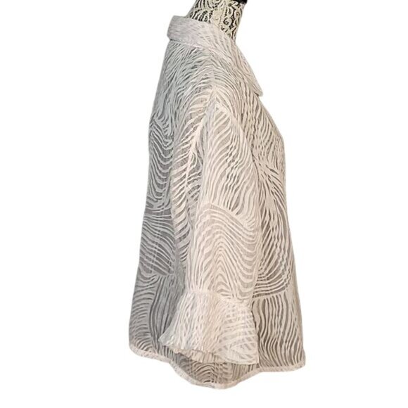 Sheer White Button-Down Blouse With Textured Abstract Pattern 3/4 Ruffled Sleeve - Picture 5 of 7